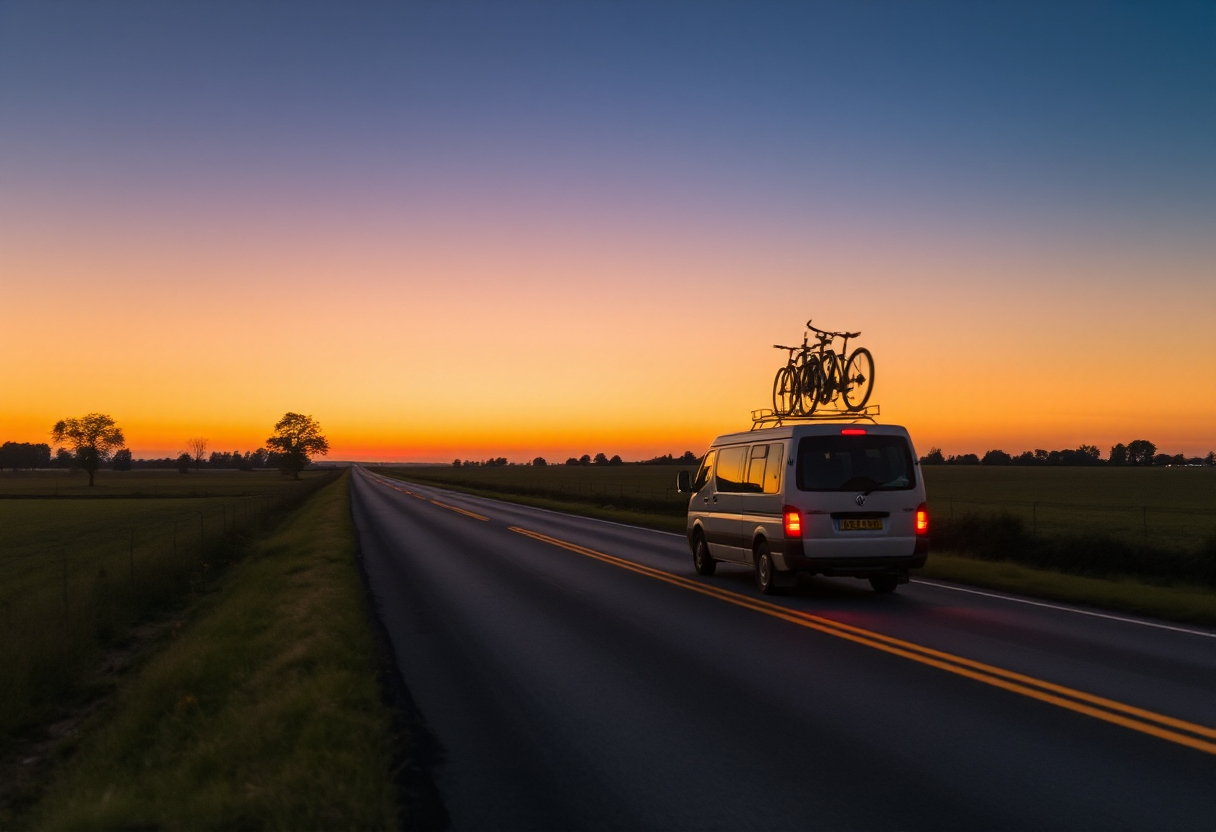 Vélos transportés sur le toit d'un véhicule au coucher du soleil